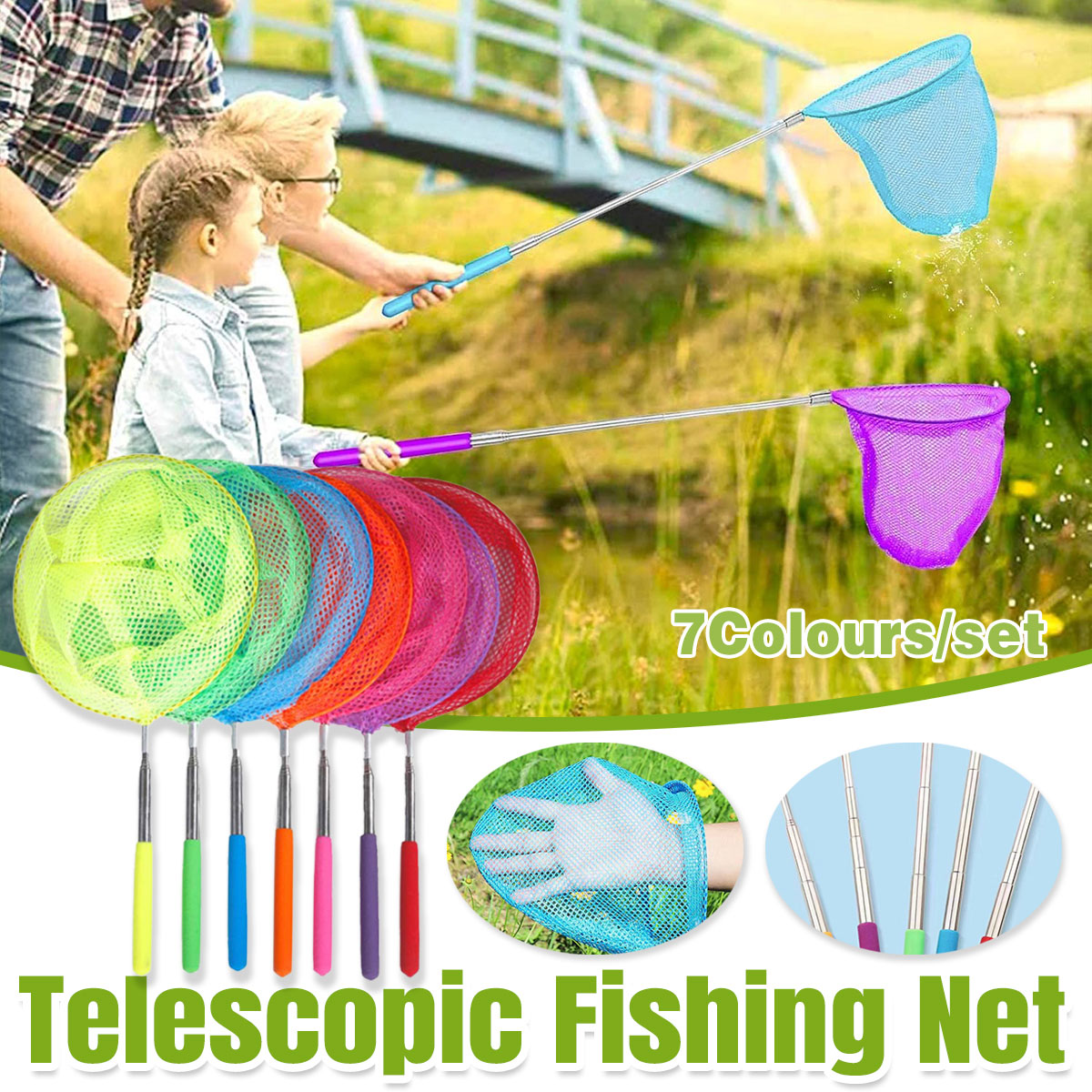 7pcs Telescopic Fishing Nets Colourful Stainless Steel Insect Butterfly Catcher