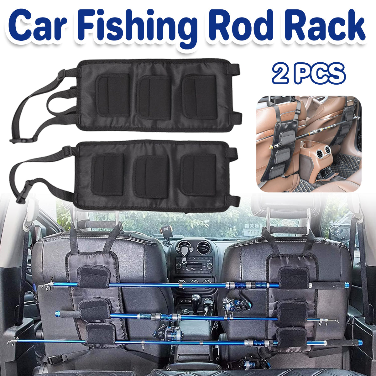 Car Mounted Fishing Rod Holder Rack 2 Pack Adjustable Backseat Storage Straps