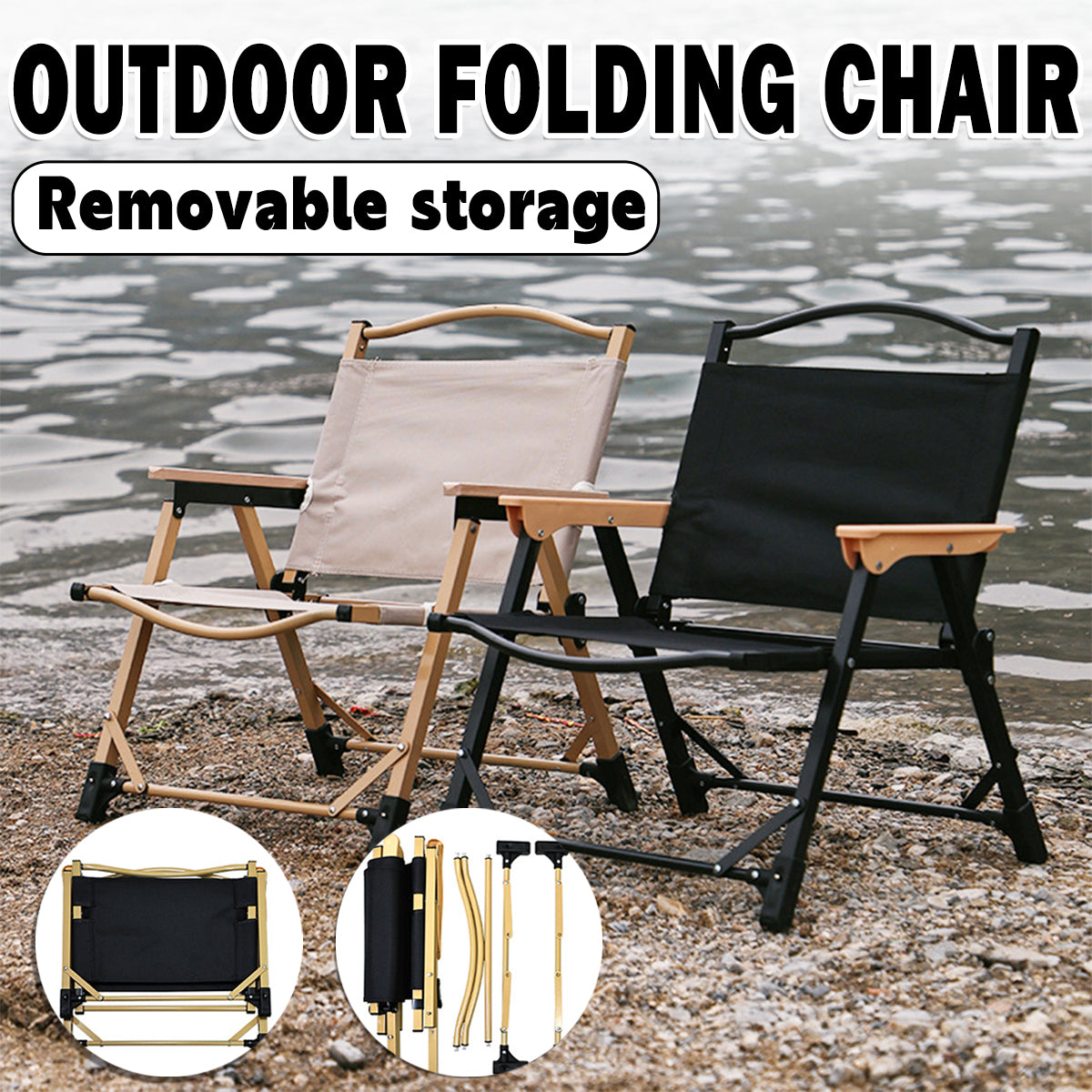 Foldable Outdoor Camping Chair with Oxford Cloth & Solid Wood Armrests