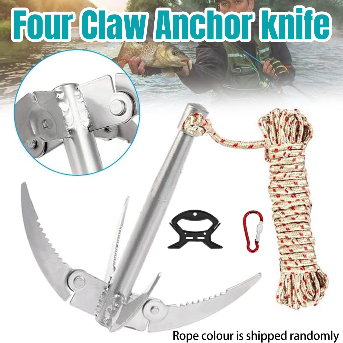 Stainless Steel Four-Claw Anchor Knife with Rope and Carabiner