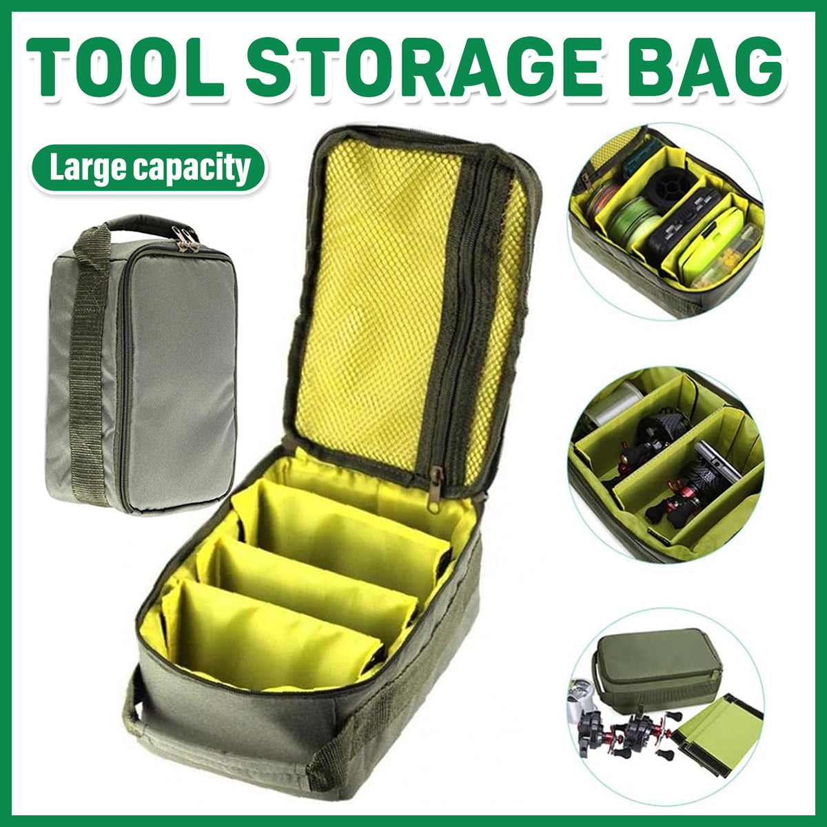 Compact Fishing Gear Storage Bag with Dividers and Carry Handle