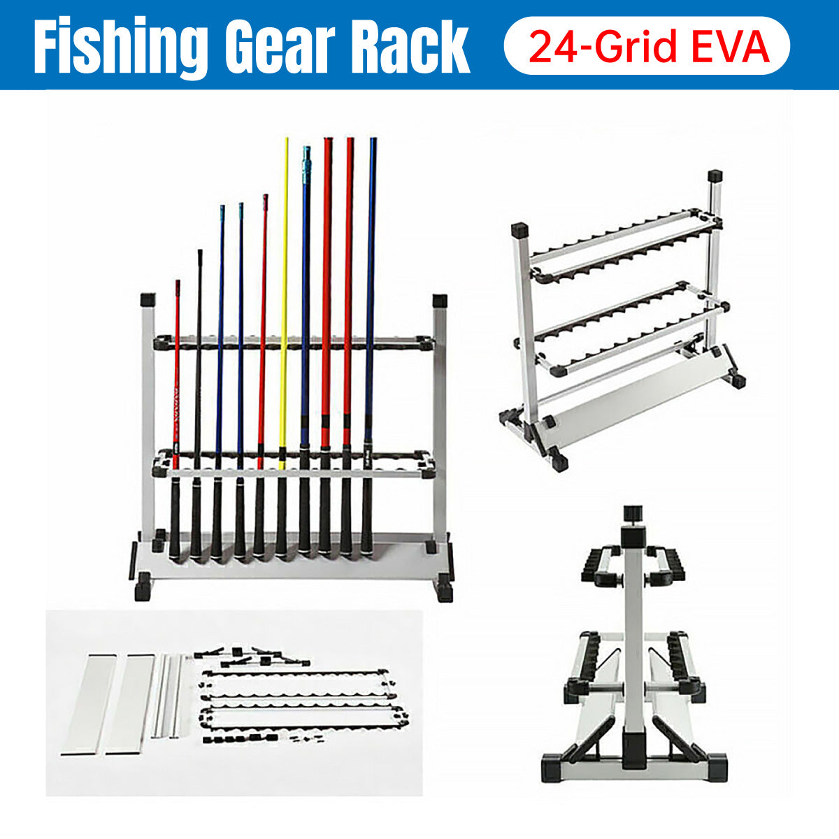 24-Hole Aluminum Fishing Rod Rack with EVA Foam for All Rod Types