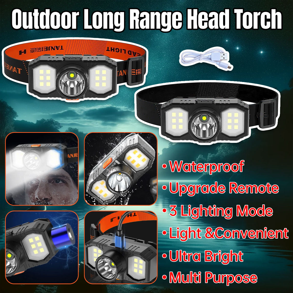 USB Rechargeable LED Headlamp Waterproof Outdoor Light