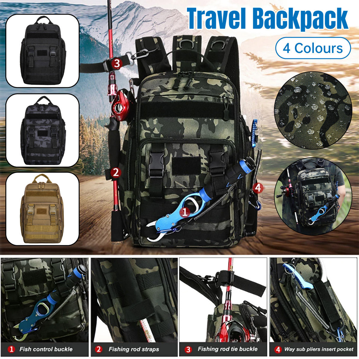 Men's Tactical Camouflage Backpack with Rod Holder for Outdoor Use