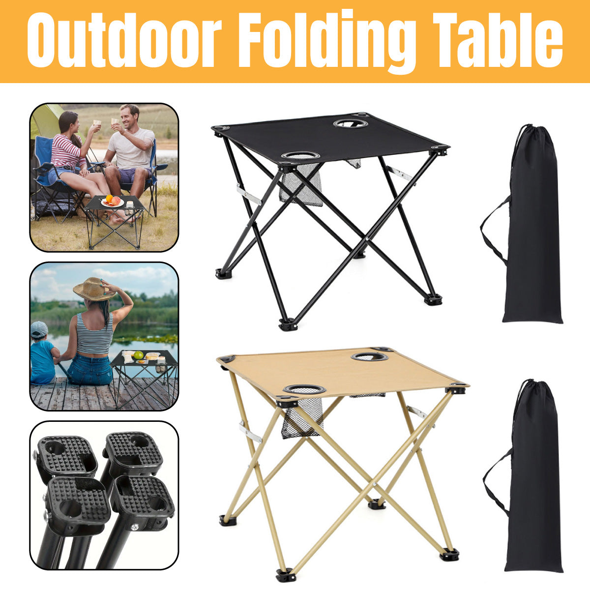 Folding Camping Table with Cup Holders and Storage Net Outdoor Use