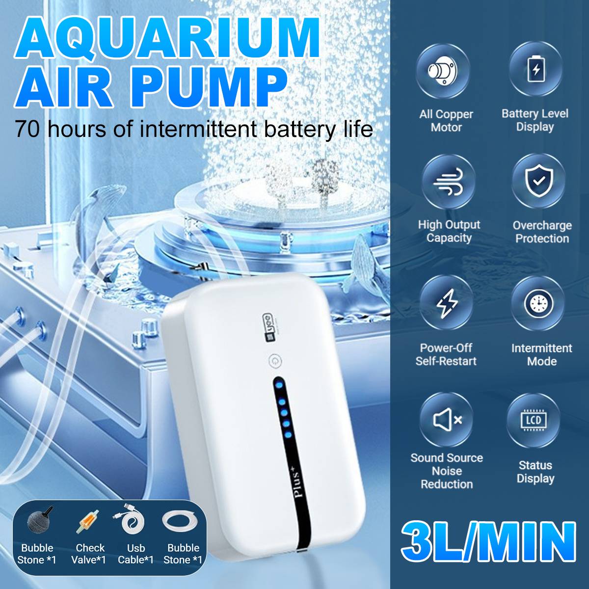 Portable Aquarium Air Pump 3L/min USB Rechargeable