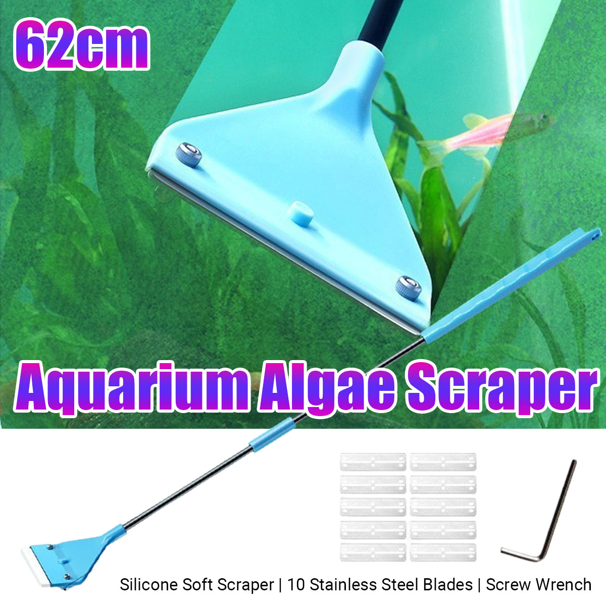 62cm Long Handle Aquarium Algae Scraper 2-in-1 Cleaning Tool