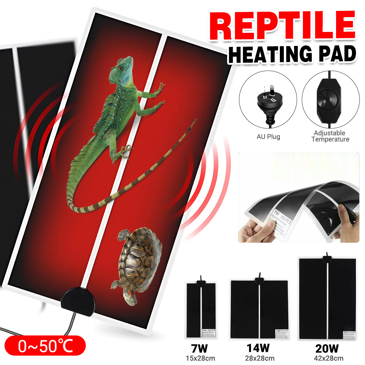 Reptile Heating Pad with Adjustable Temperature and Waterproof Design