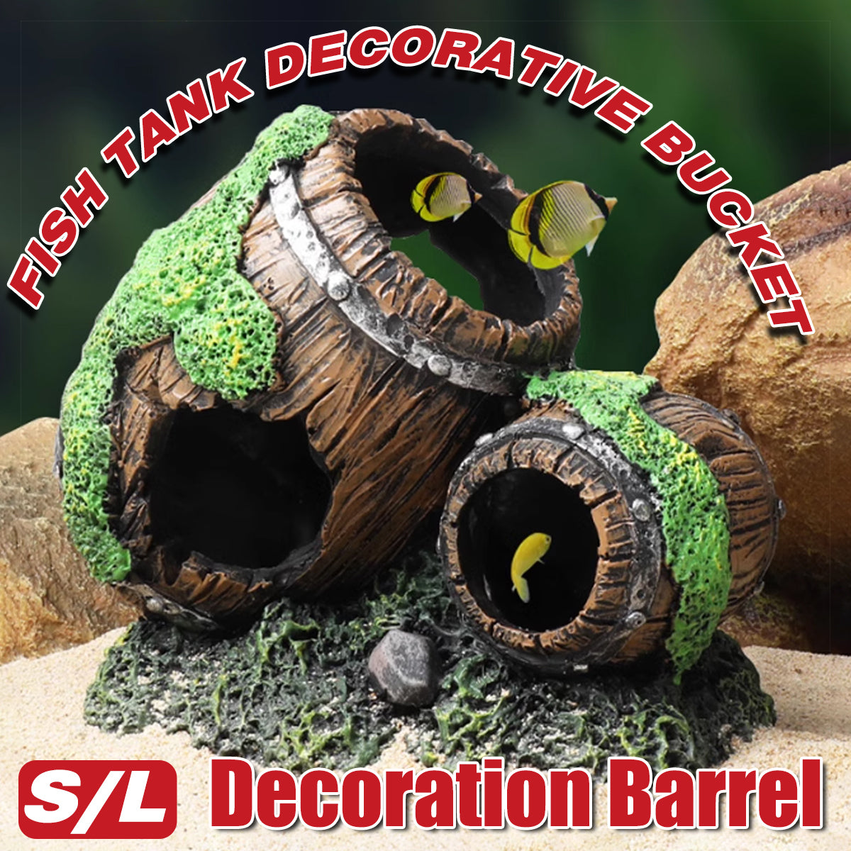Aquarium Wine Barrel Decoration Resin Fish Tank Ornament With Moss
