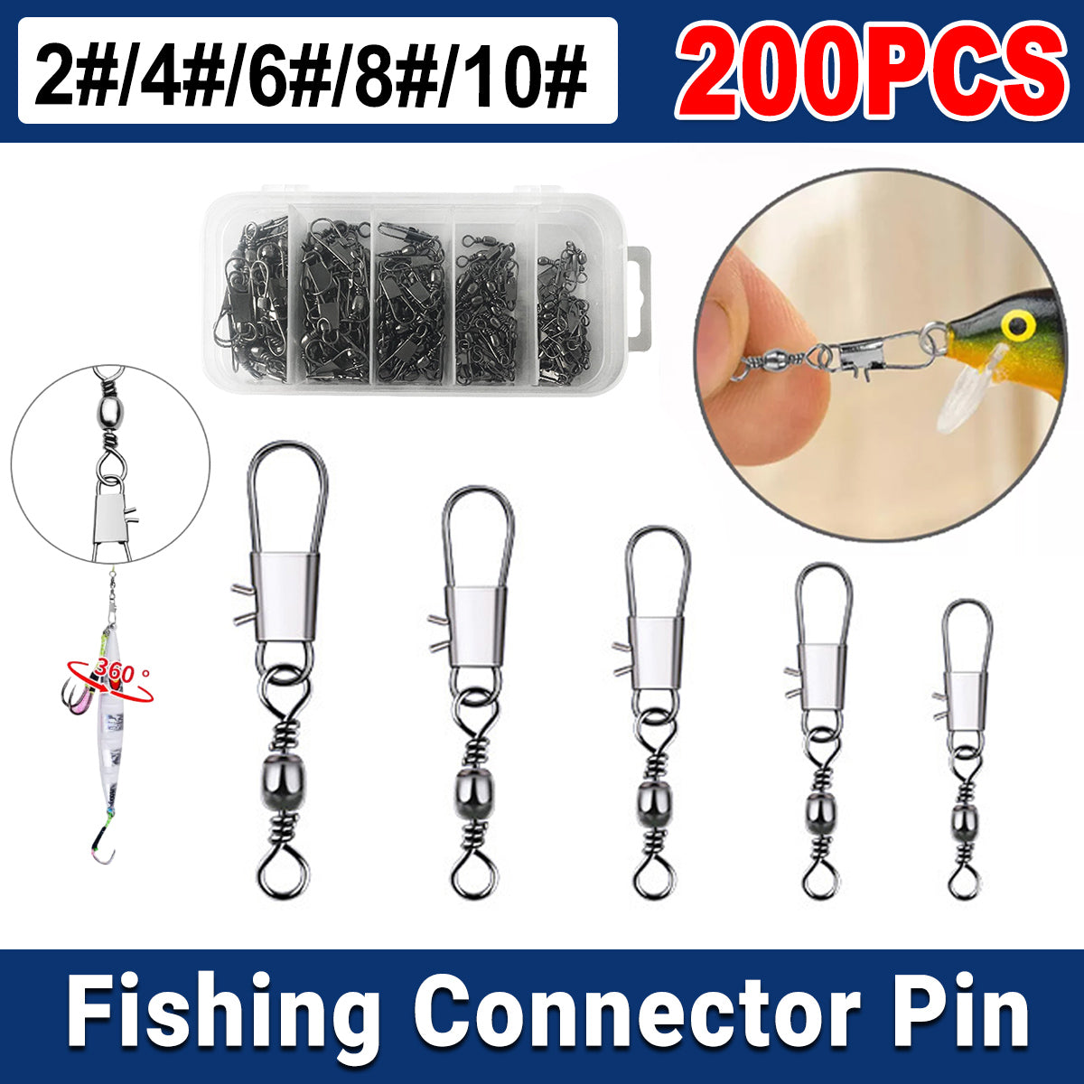200Pcs Fishing Pin Connectors Carbon Steel B-Type Swivels for Lures & Hooks