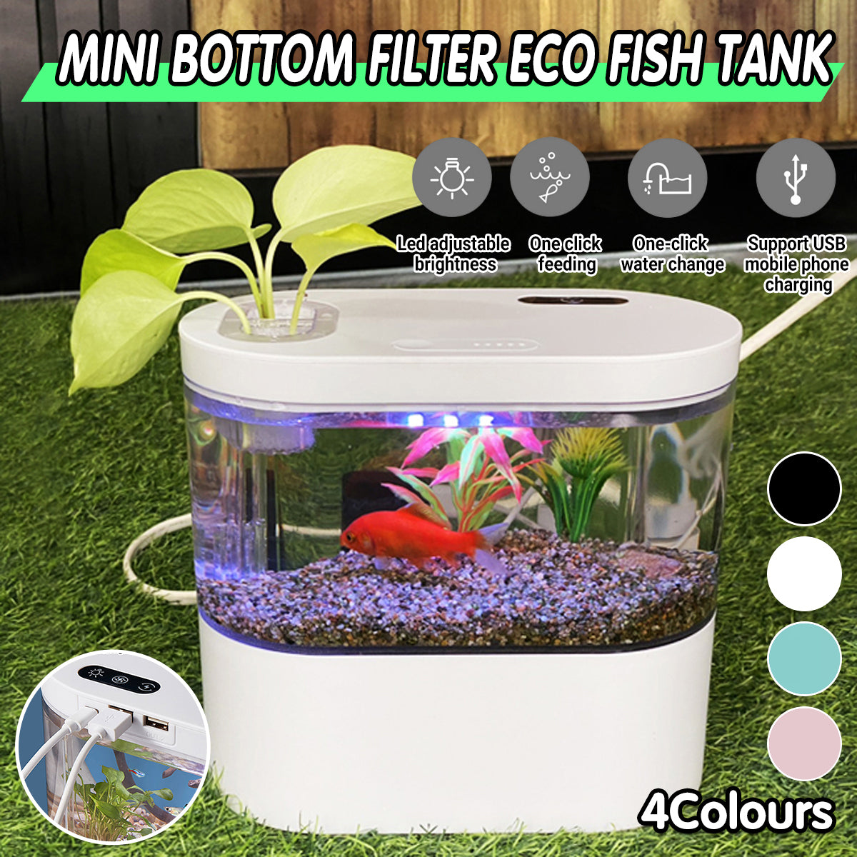Mini Self-Circulating Desktop Fish Tank with LED & Filtration