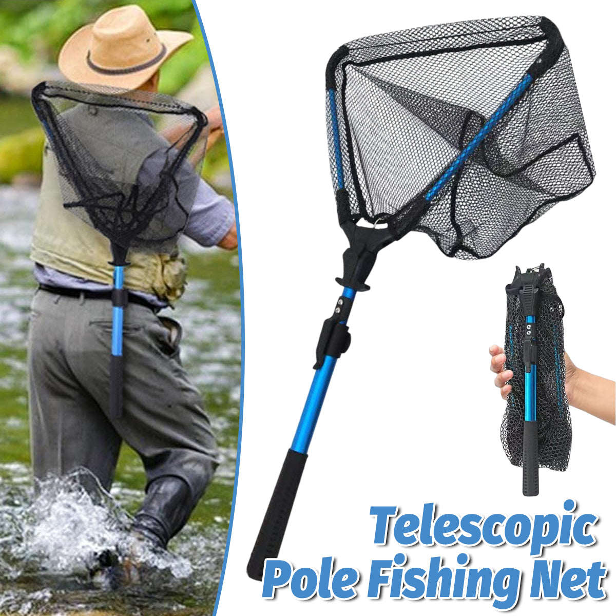 Folding Fishing Net Telescopic Aluminum Alloy Scoop Net Handheld Triangle Mesh