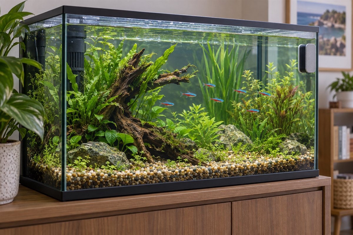 Planted freshwater aquarium with small tropical fish and a magnetic glass cleaner