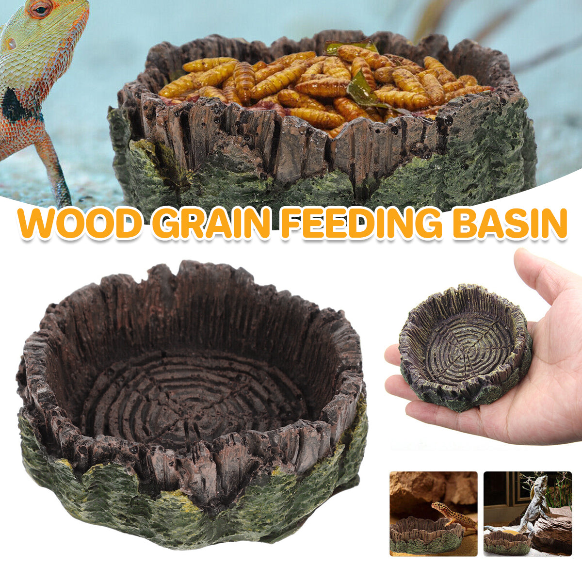 Resin Reptile Drinking Basin Wood Grain Water & Food Dish