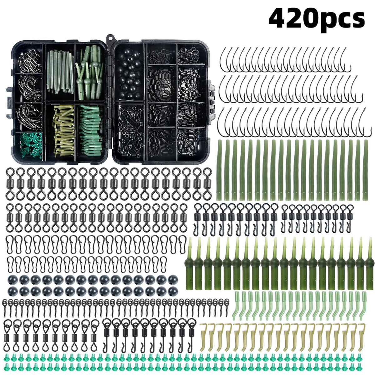 420PCS Carp Fishing Accessories Kit with Hooks Swivels Stoppers