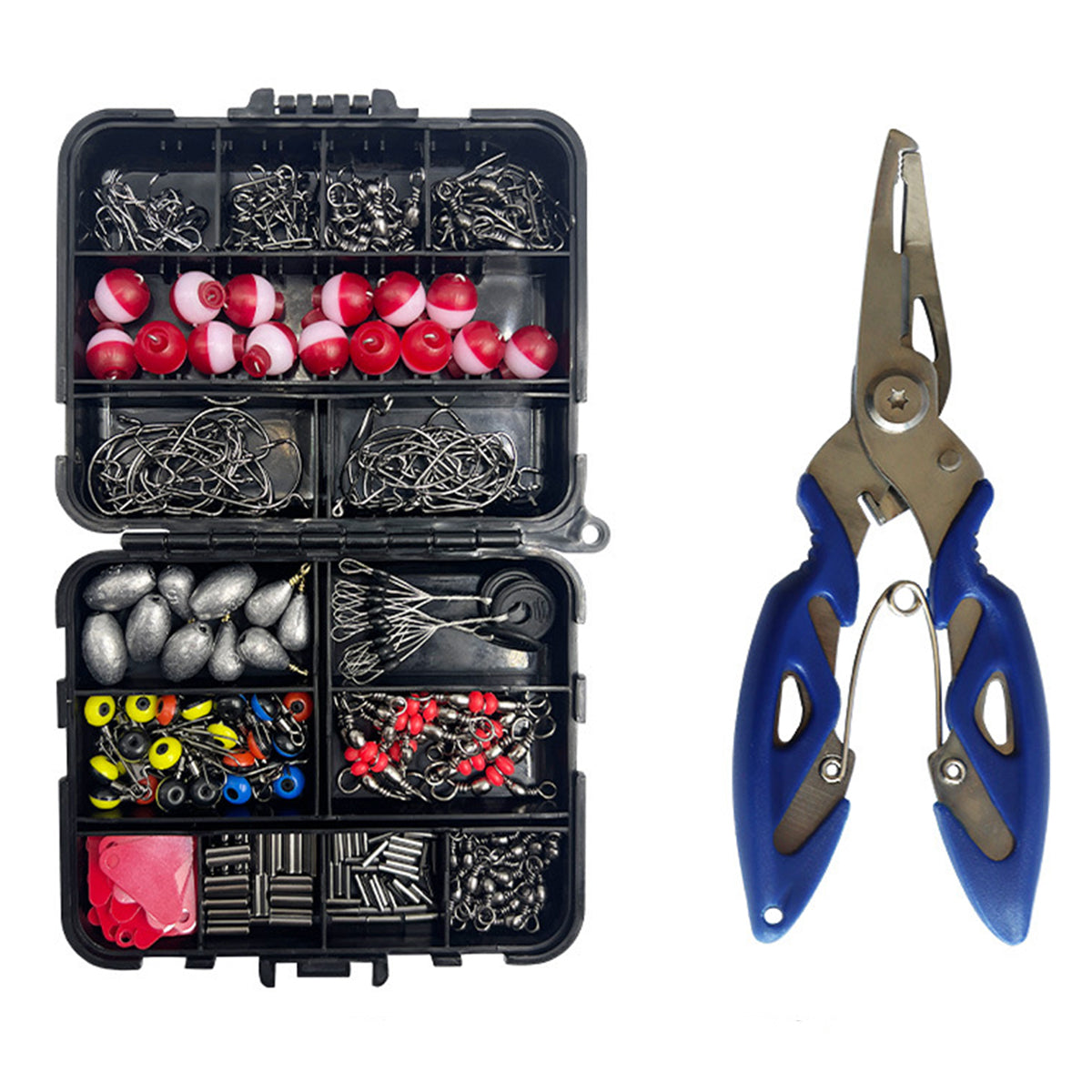 264PCS Fishing Tackle Box Set with Hooks Weights Bobbers & Plier