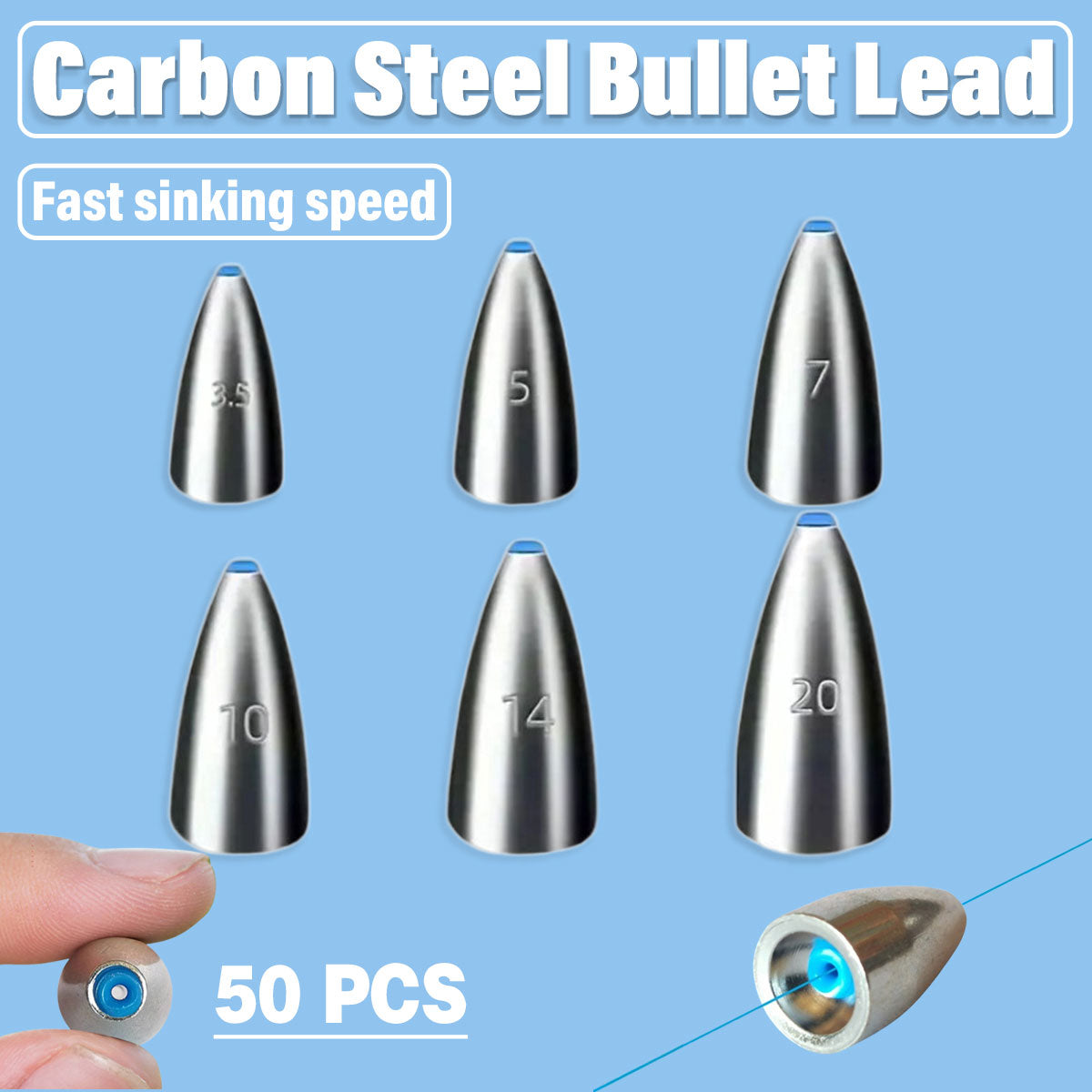 Bullet Fishing Sinkers Alloy Steel Weights With Plastic Core 50pcs
