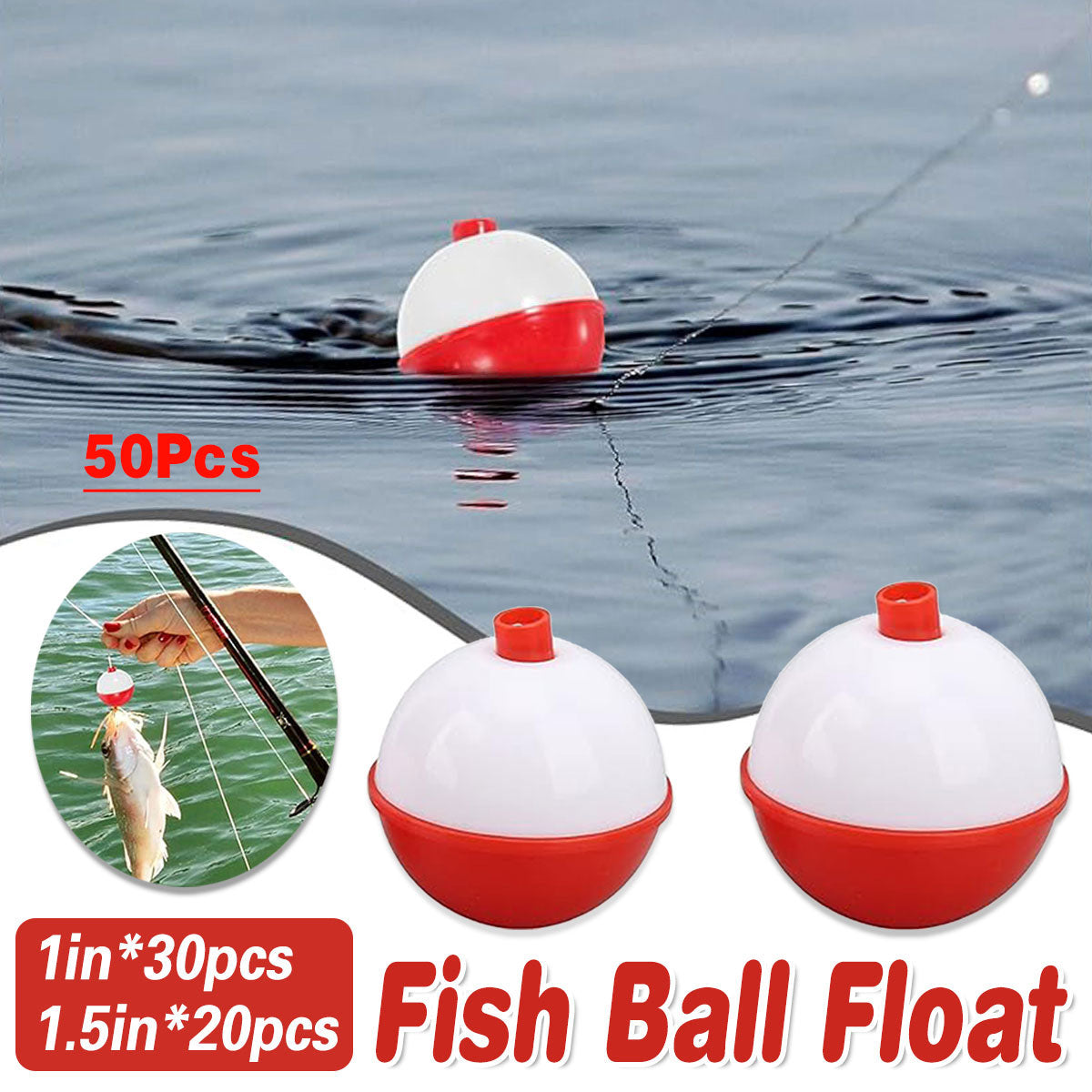 50pcs Snap-On Fishing Bobbers Red White Float Set Freshwater Saltwater