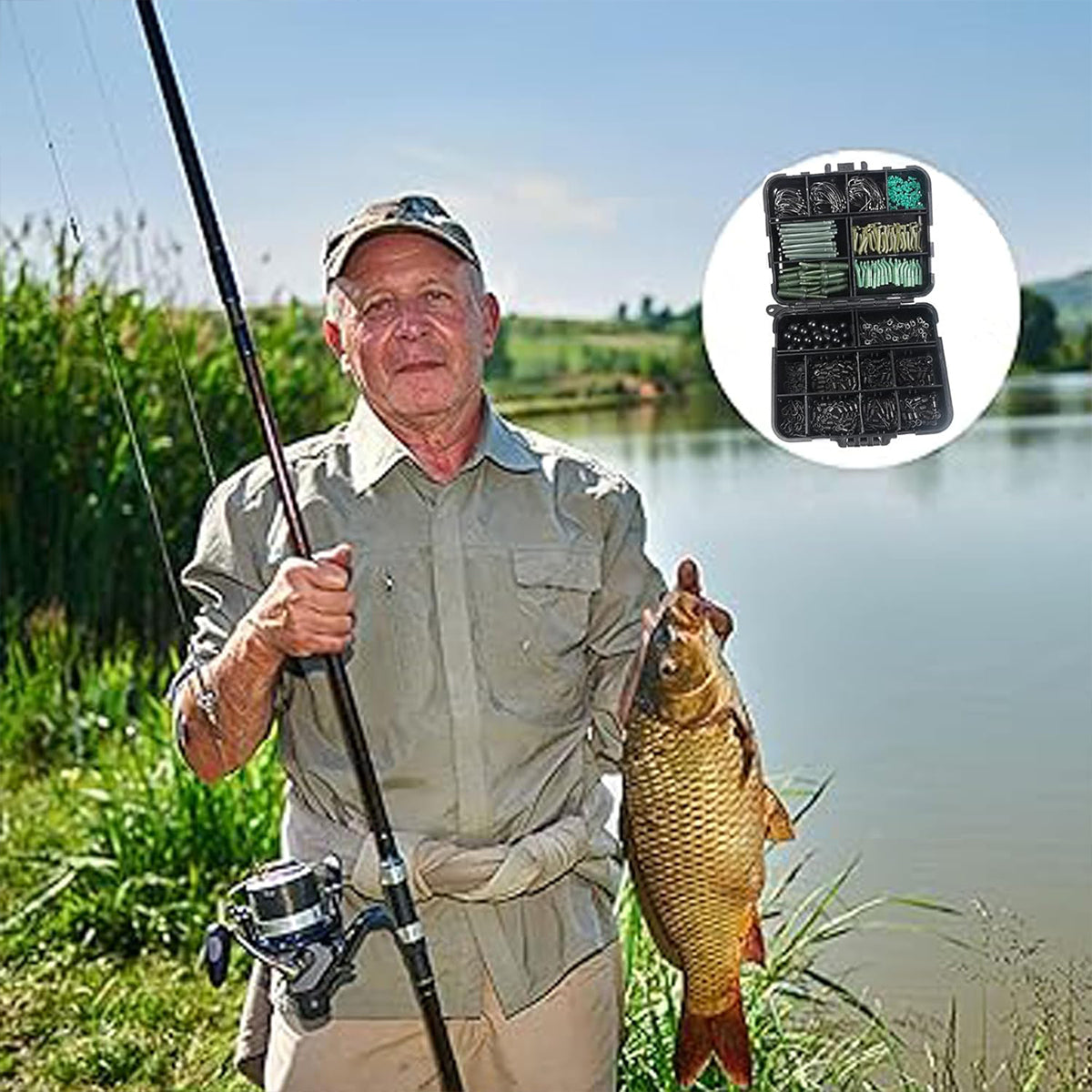 420PCS Carp Fishing Accessories Kit with Hooks Swivels Stoppers