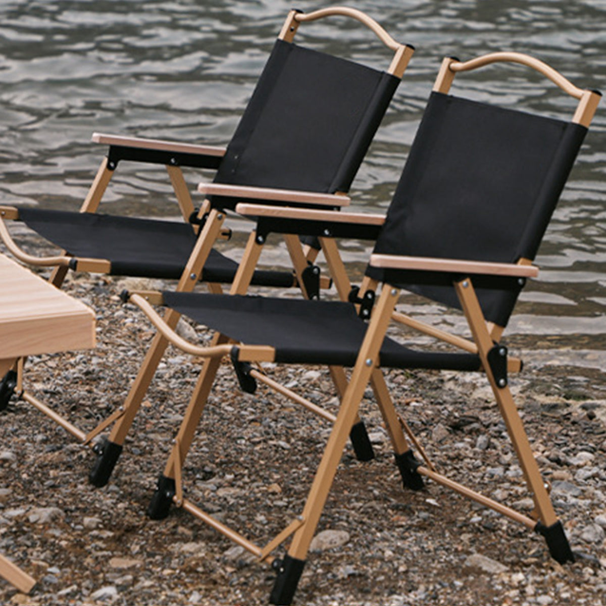 Foldable Outdoor Camping Chair with Oxford Cloth & Solid Wood Armrests