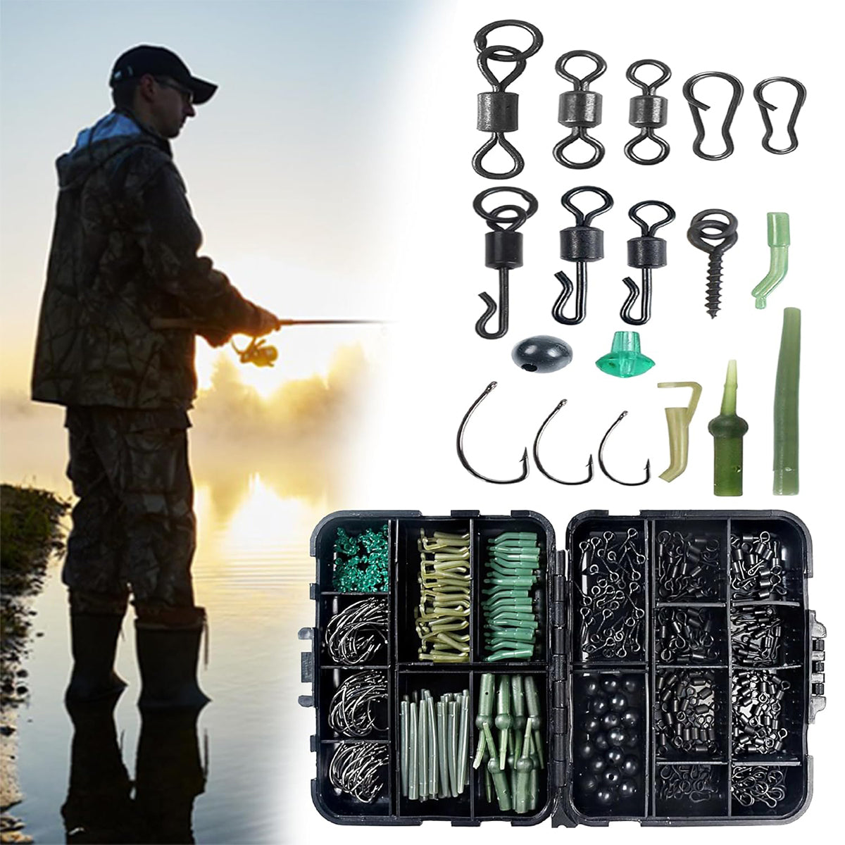 420PCS Carp Fishing Accessories Kit with Hooks Swivels Stoppers