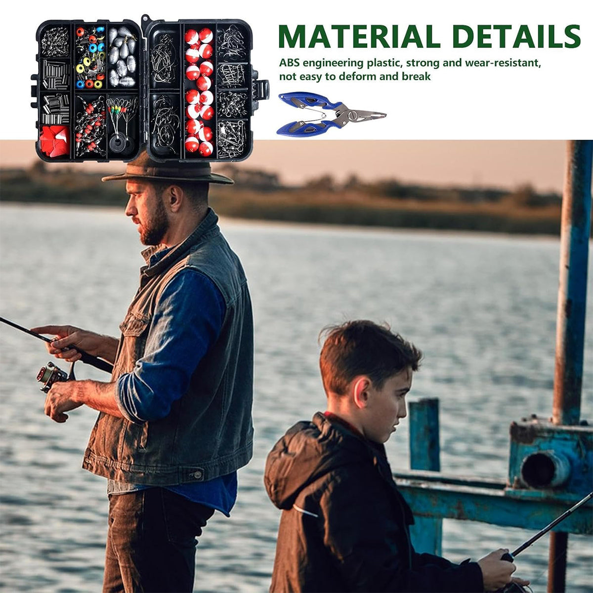 264PCS Fishing Tackle Box Set with Hooks Weights Bobbers & Plier