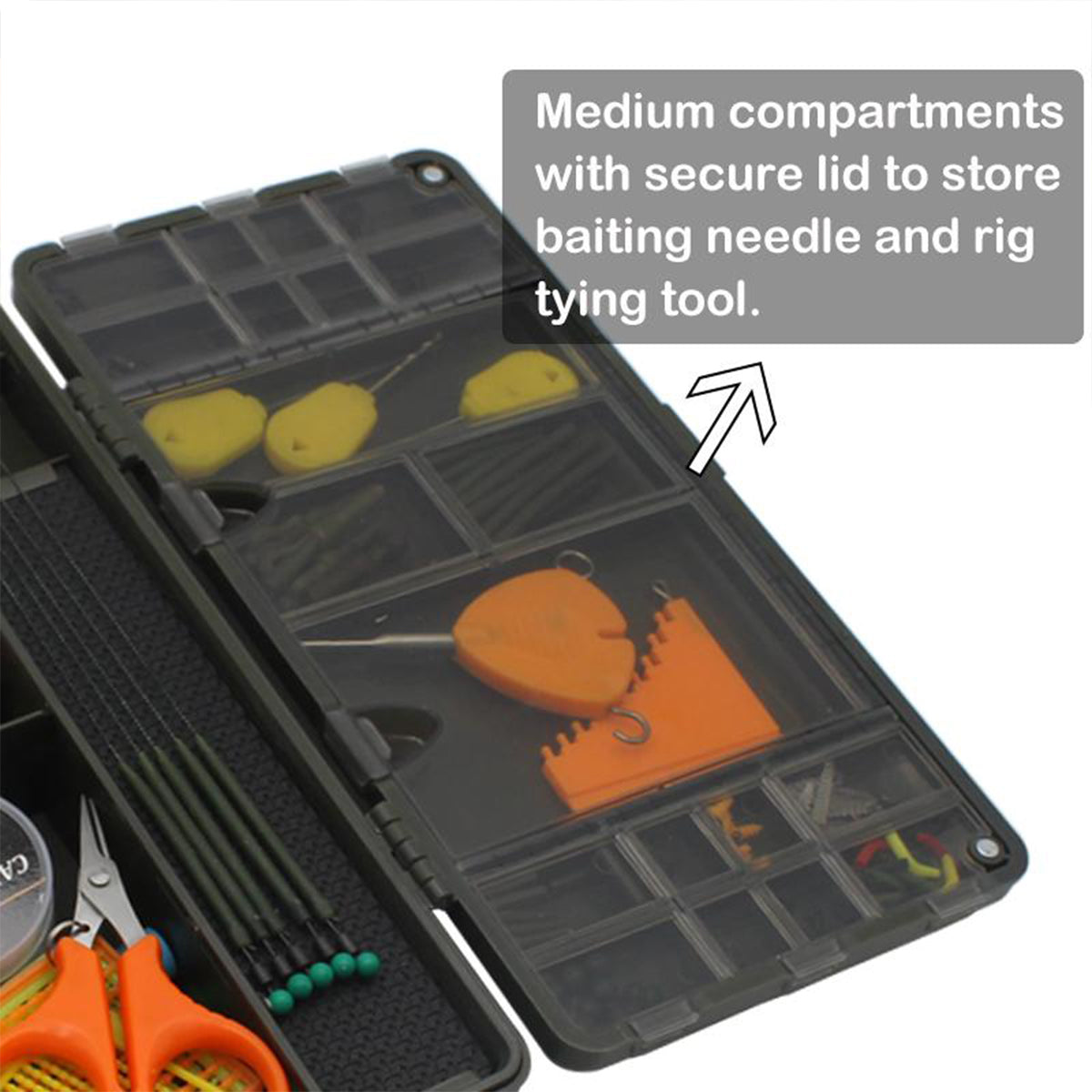 Carp Fishing Tackle Box With Measuring Bar And Rig Pins