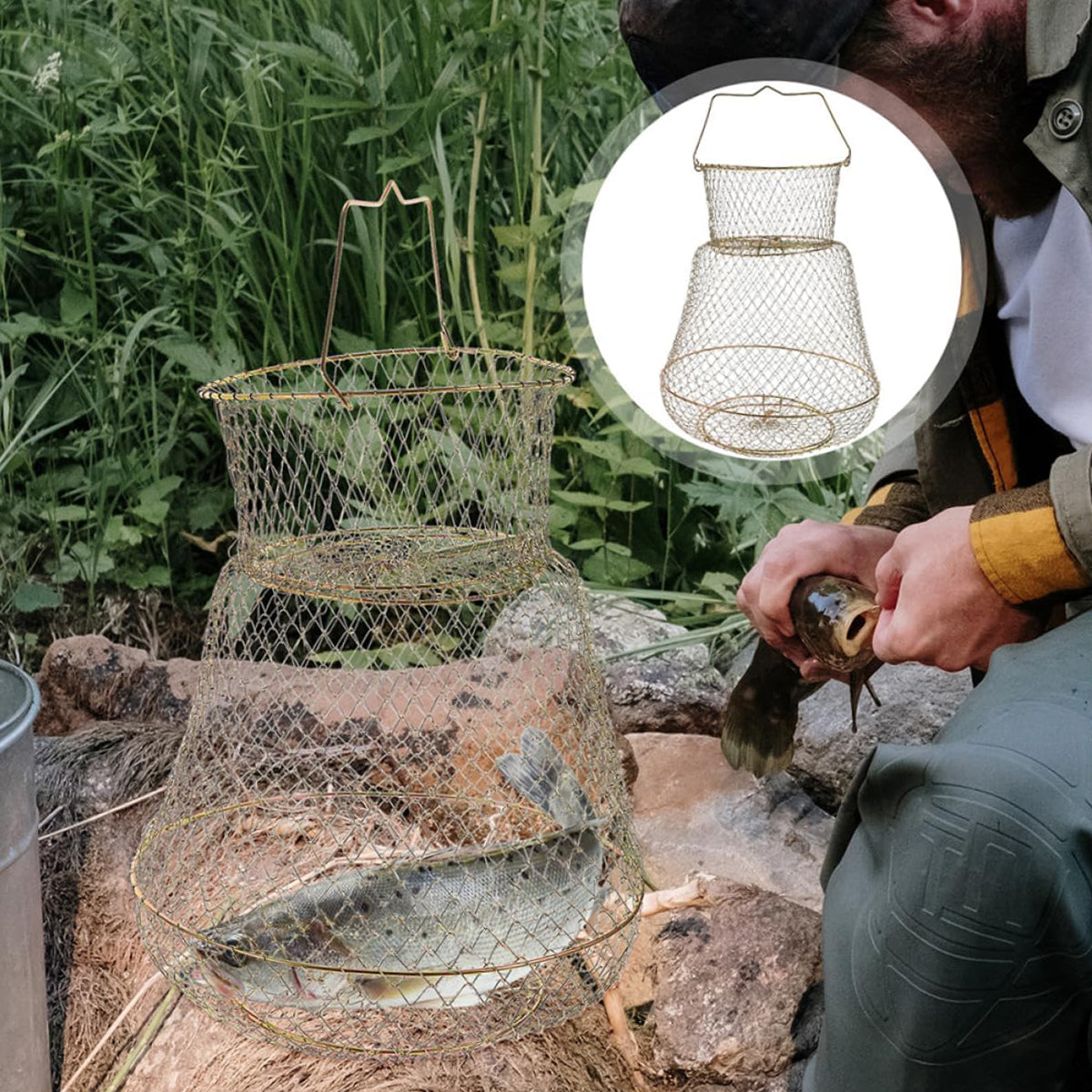 Foldable Galvanized Fish Trap Cage with Spring-Loaded Doors