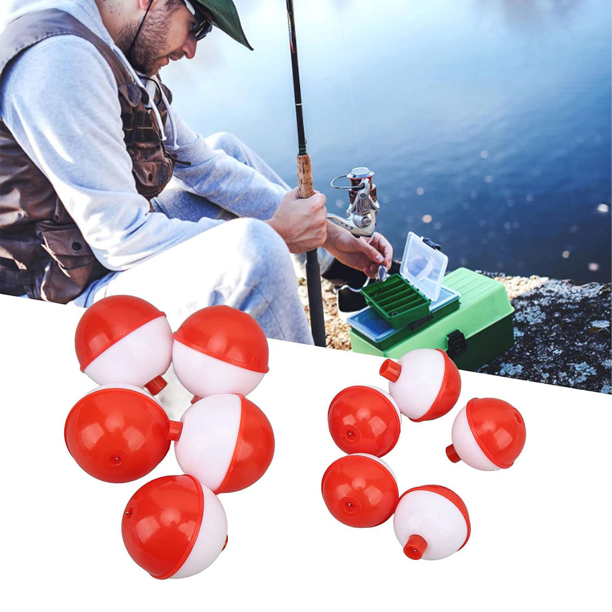 50pcs Snap-On Fishing Bobbers Red White Float Set Freshwater Saltwater