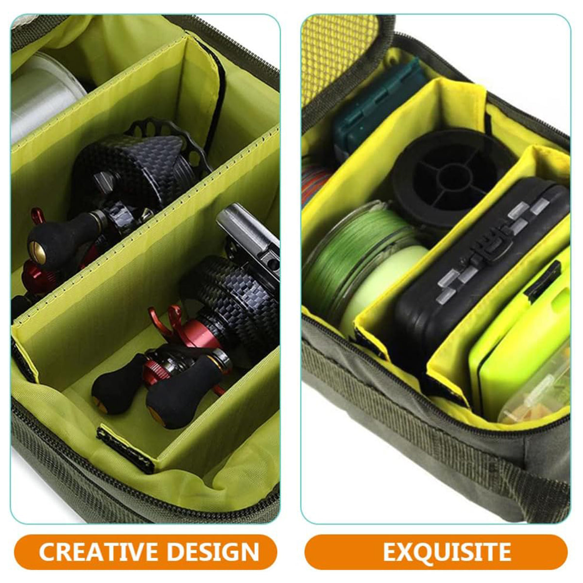 Compact Fishing Gear Storage Bag with Dividers and Carry Handle