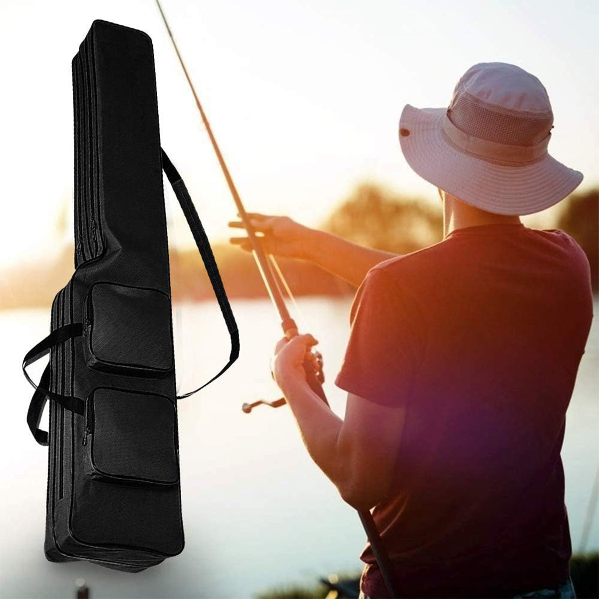 Double-Layer Fishing Rod Bag Waterproof 130cm Tackle Storage Case