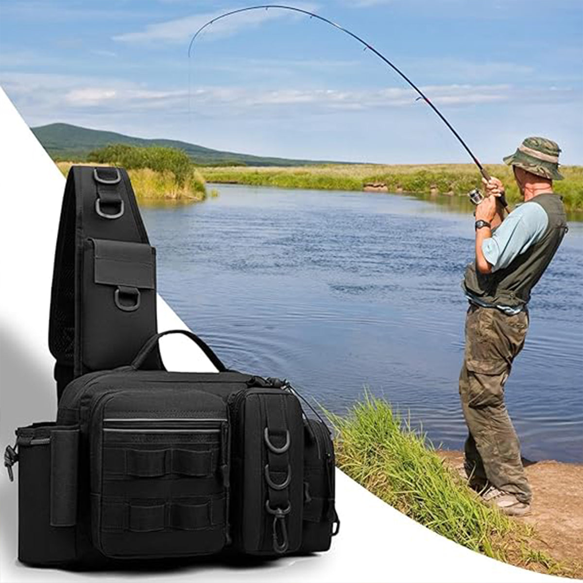 Tactical Fishing Backpack with MOLLE System and Multi-Carry Options