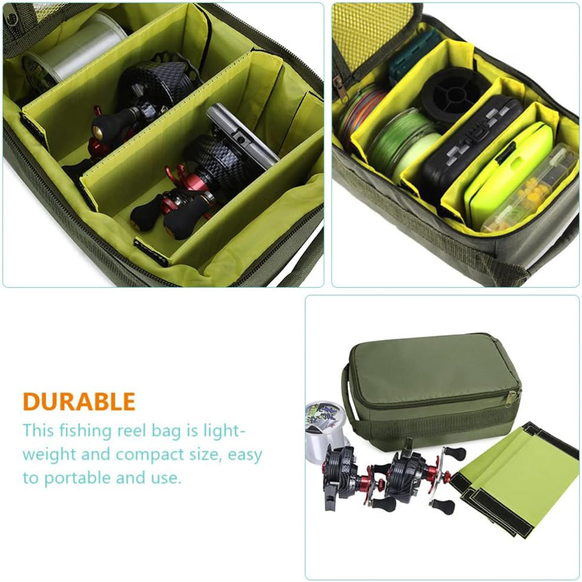 Compact Fishing Gear Storage Bag with Dividers and Carry Handle