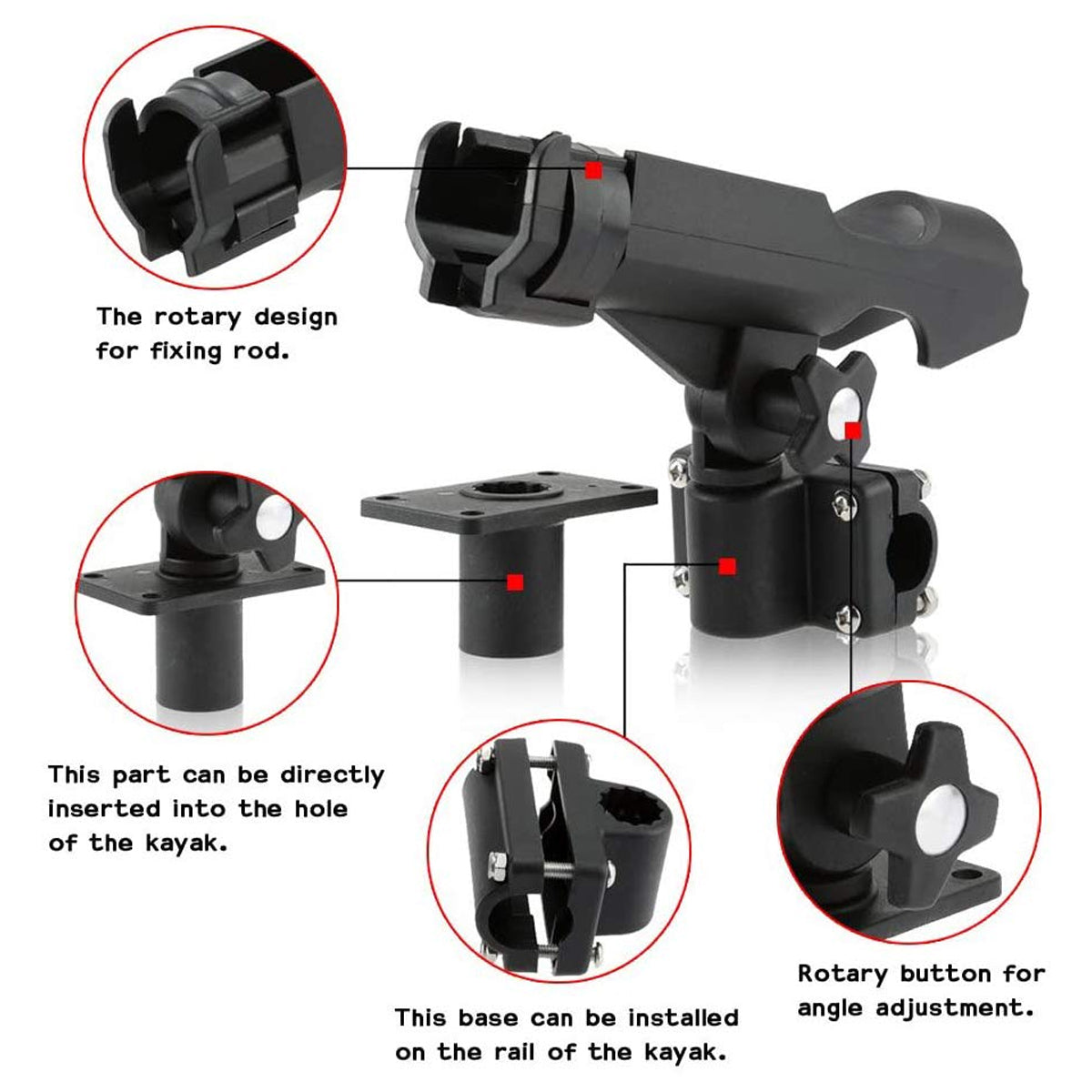 Kayak Rod Holder Adjustable 360° Swivel Rail Mount System