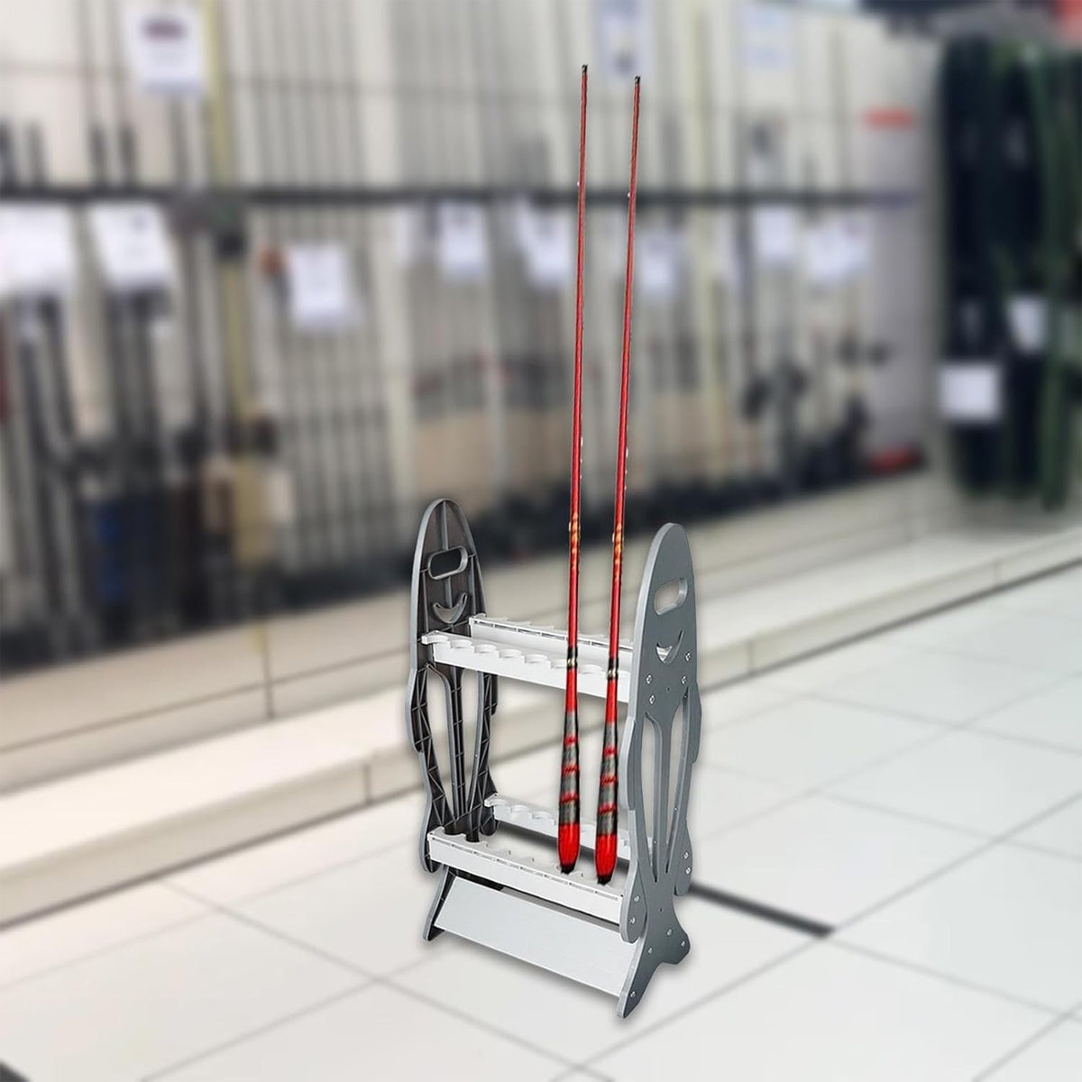 ABS Fishing Rod Display Rack Double Row Stand Holds 16 Rods