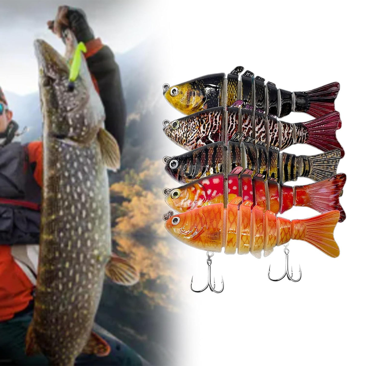 5PCS Multi-Jointed Fish Lures Set with Hooks for Freshwater & Saltwater