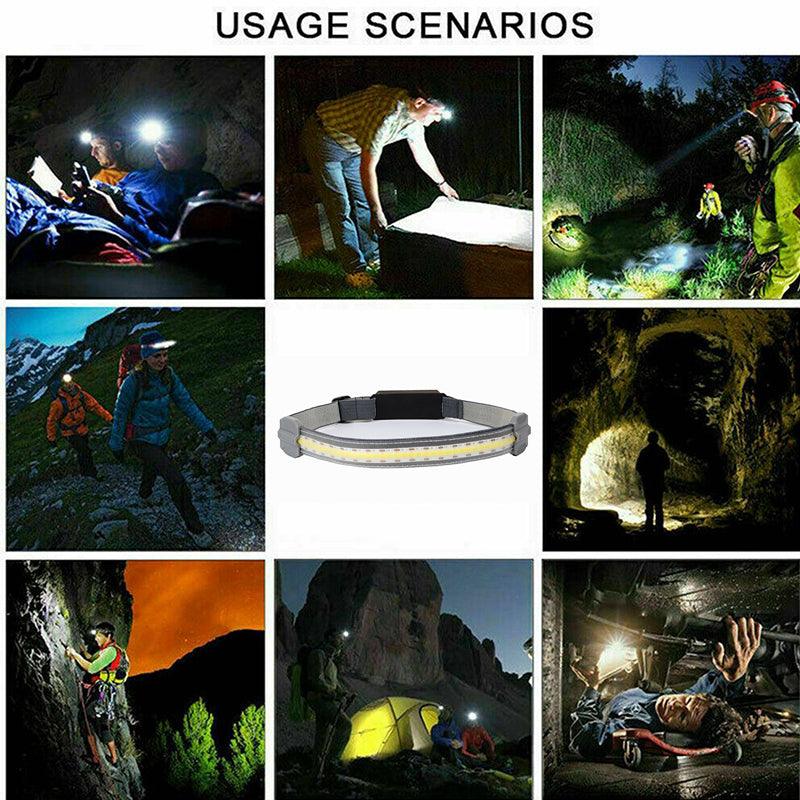 Rechargeable LED Headlamp Wide Beam COB Light with Rear Warning