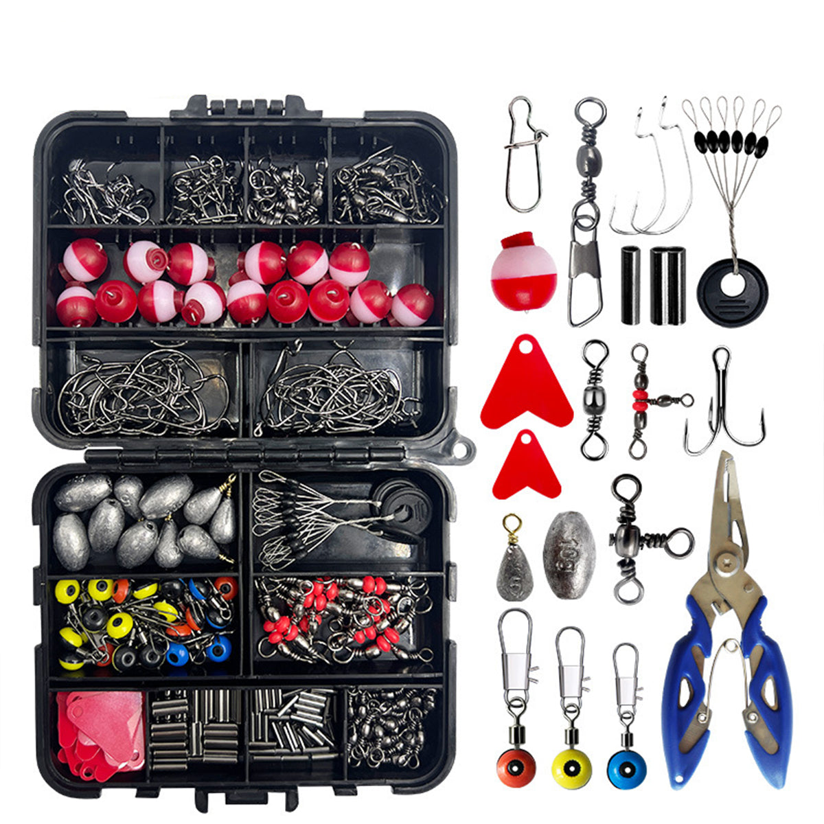 264PCS Fishing Tackle Box Set with Hooks Weights Bobbers & Plier
