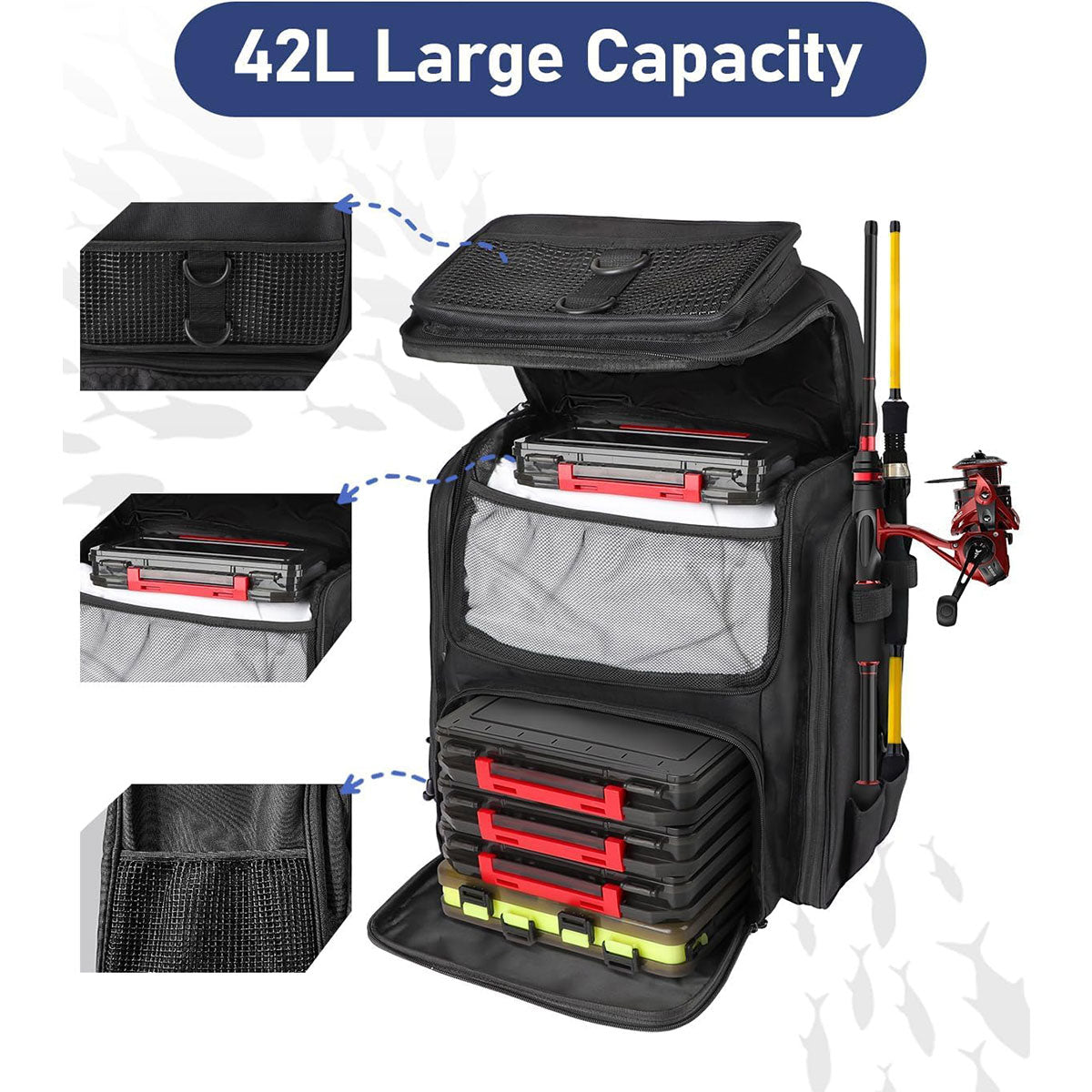 42L Waterproof Fishing Backpack Large Capacity Multi-Compartment Gear Bag