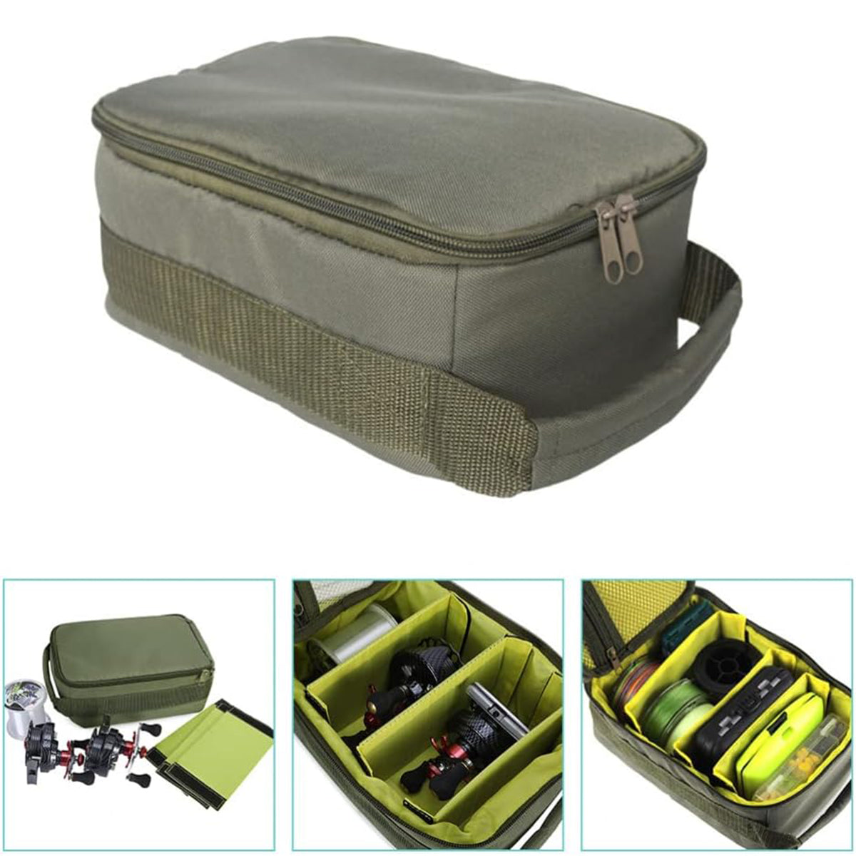 Compact Fishing Gear Storage Bag with Dividers and Carry Handle