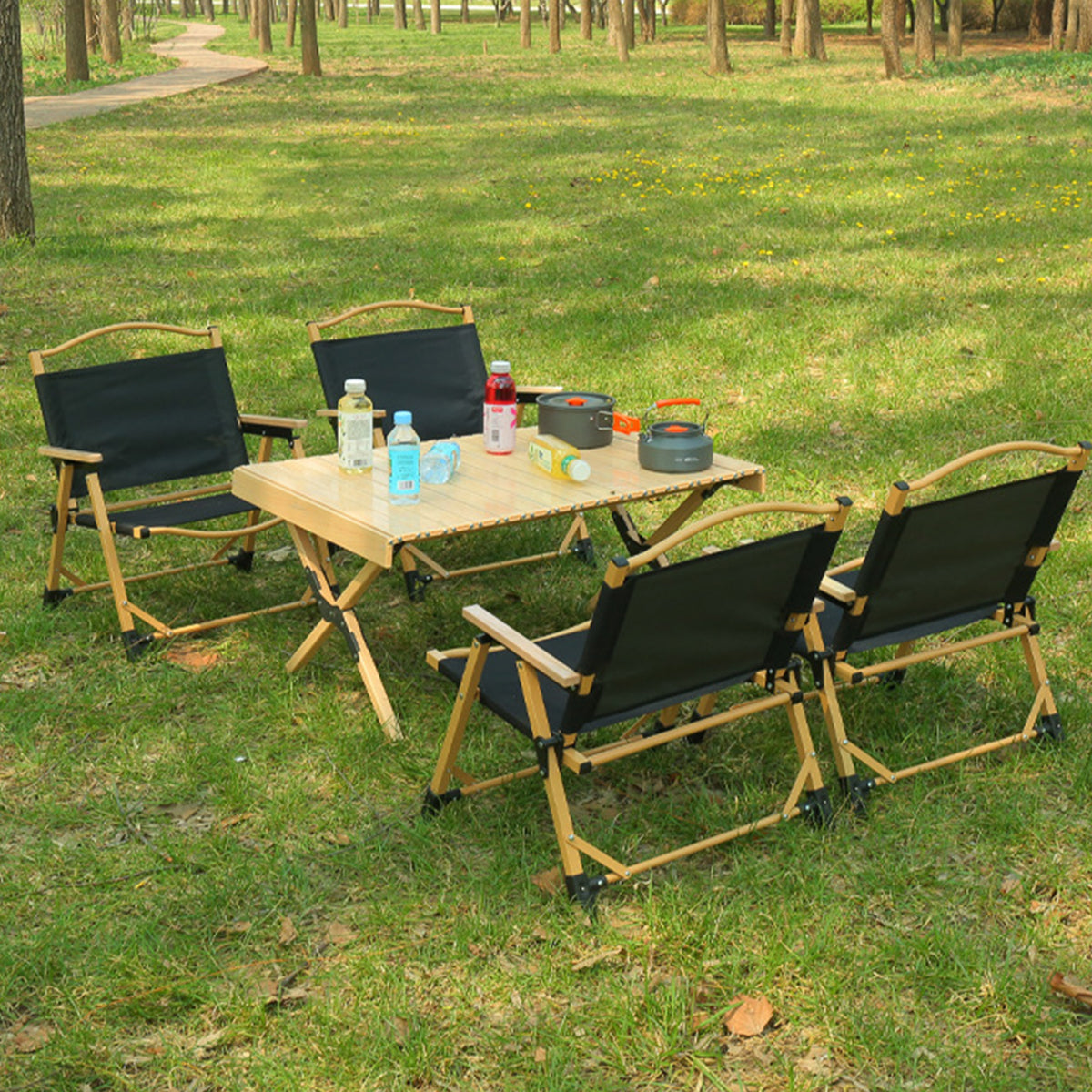 Foldable Outdoor Camping Chair with Oxford Cloth & Solid Wood Armrests