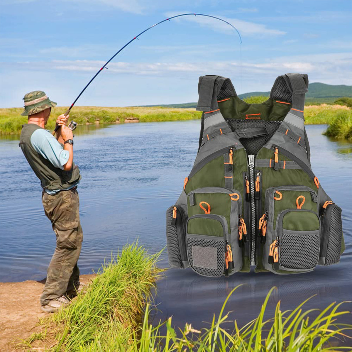 Multi-Pocket Fishing Vest Breathable Mesh Adjustable Outdoor Gear