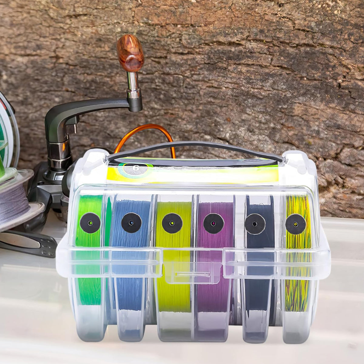 Fishing Line Winder Box with 6 Spool Capacity and Silicone Outlets