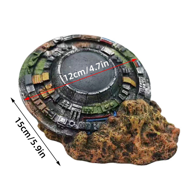 UFO Wreckage Aquarium Decoration with Colorful Rock Base