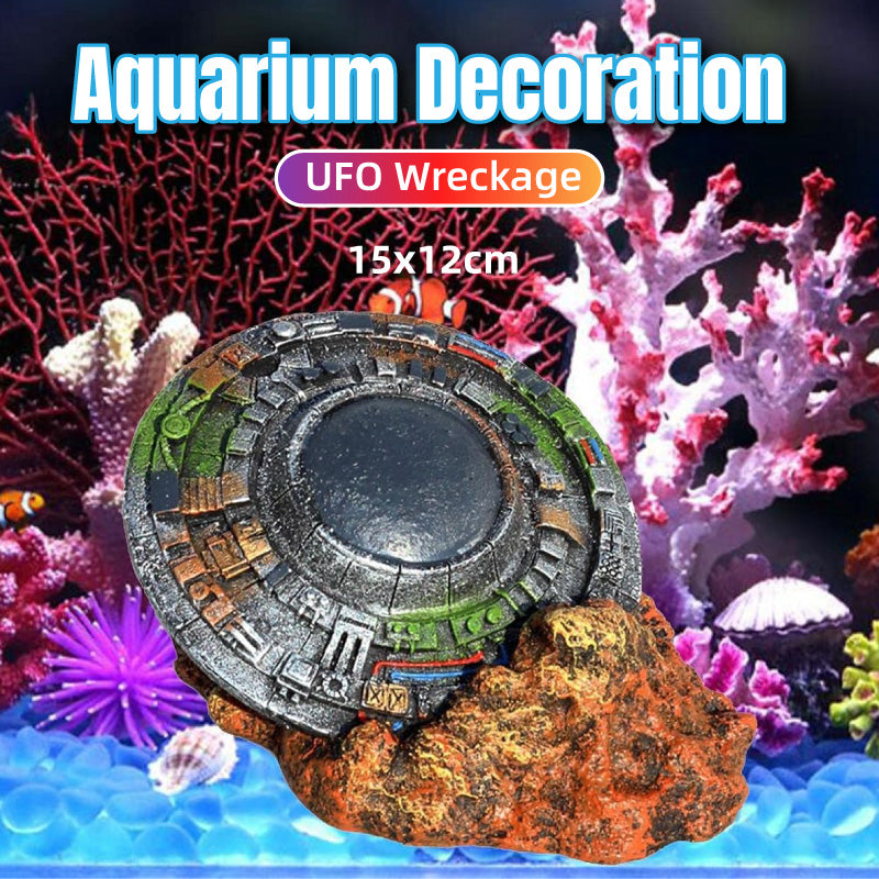 UFO Wreckage Aquarium Decoration with Colorful Rock Base