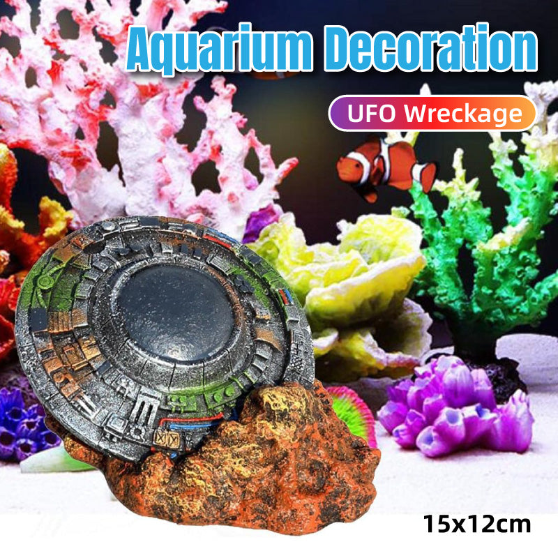 UFO Wreckage Aquarium Decoration with Colorful Rock Base