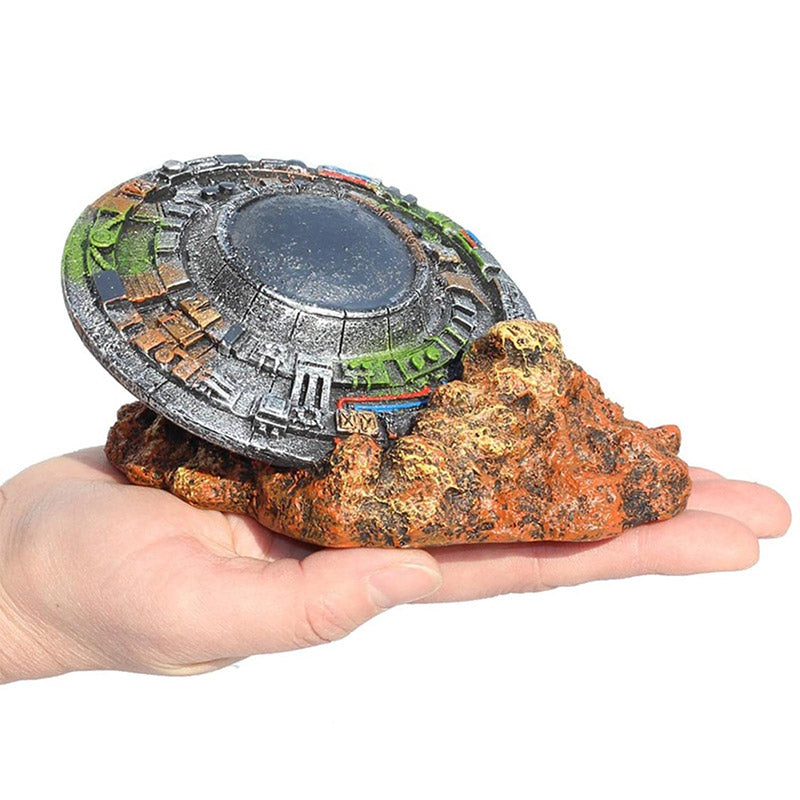 UFO Wreckage Aquarium Decoration with Colorful Rock Base
