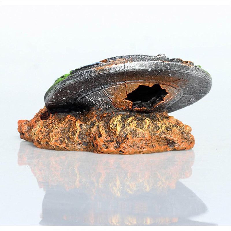 UFO Wreckage Aquarium Decoration with Colorful Rock Base