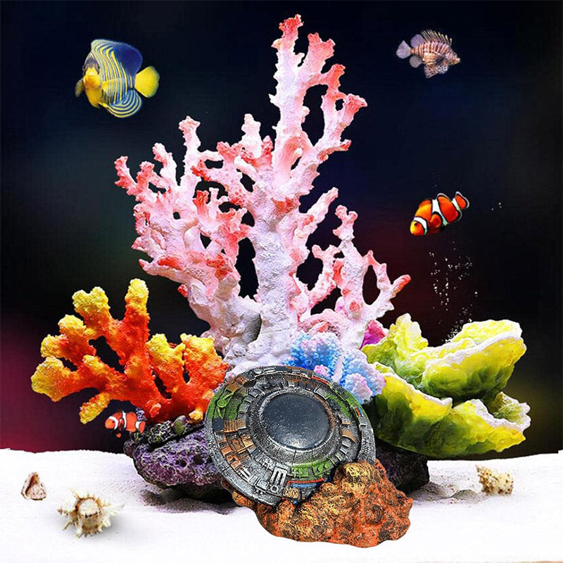 UFO Wreckage Aquarium Decoration with Colorful Rock Base