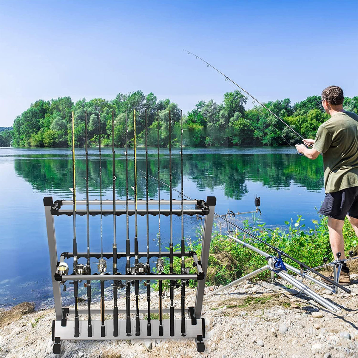 Aluminium Fishing Rod Rack for 12 or 24 Rods Foldable Storage Stand